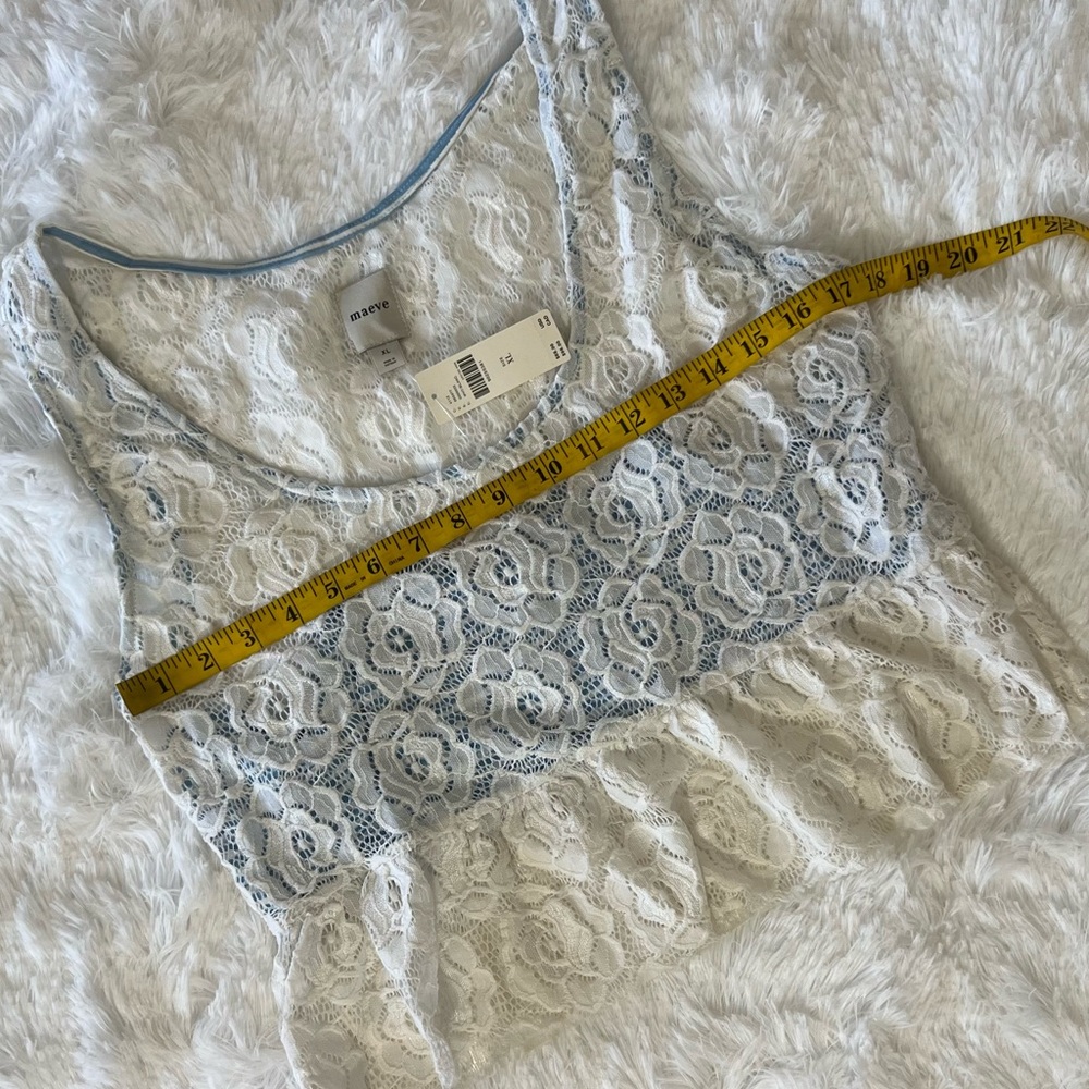 Anthropologie Maeve White Lace Peplum Crop Top with Light Blue Underlay - Picture 7 of 15